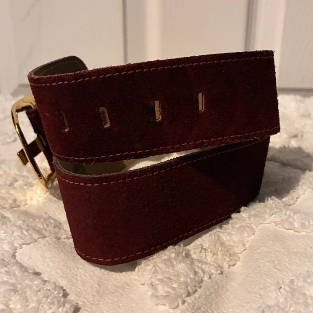 Lord & Taylor Plum Burgundy Suede Wide Belt with Gold Buckle Size Medium - Picture 2 of 7